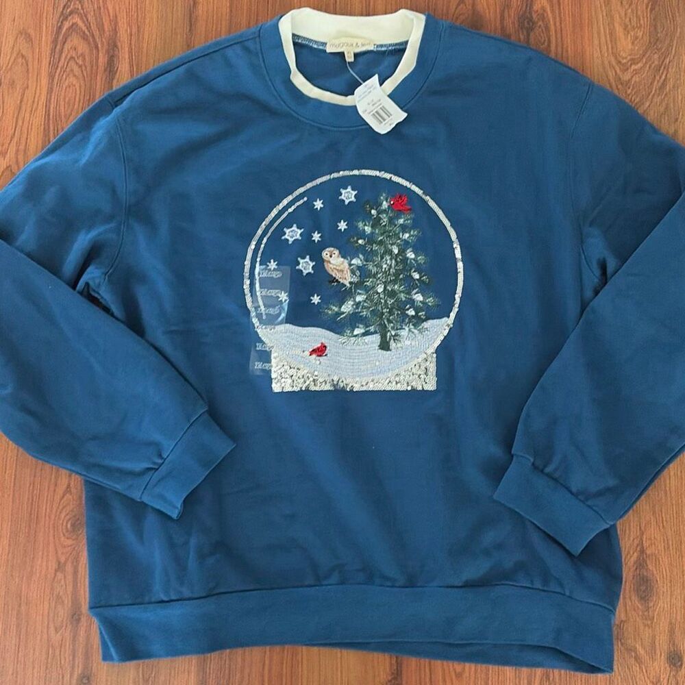 NWT Margaux & Lexi blue Christmas owl, snow globe with sequins fleece inside swe